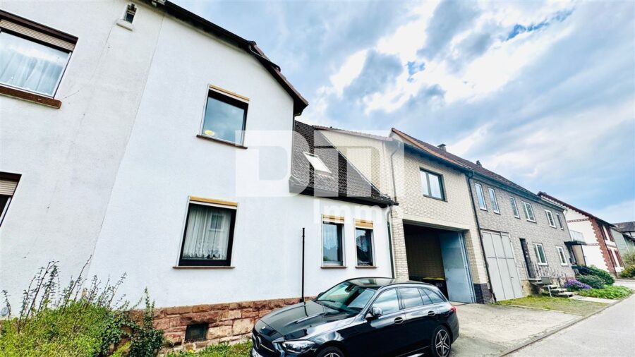 Einzigartiges Immobilien-Ensemble: Zwei Wohnhäuser MFH + EFH mit Halle auf ca. 5.300 m² Grundstück - Frontansicht Haus 1 + Haus 2